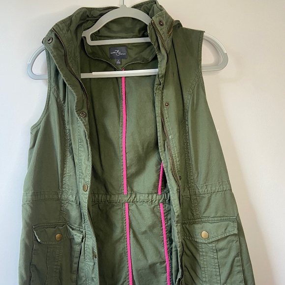 Market & Spruce Olive Green Long Cotton Jacket Vest Zip Up Hood Size Small - Picture 1 of 7
